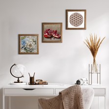 Pinecone Stone Yaşam Çiçeği, Kelebekli Çiçek, Nar Ahşap Çerçeveli Taş Duvar Tablosu 3’lü Set – 25x25 cm Dekoratif Modern Sanat – Ev ve Ofis Dekoru |W3-1162|