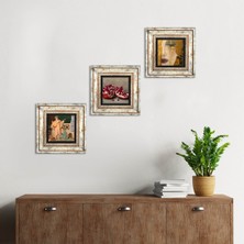 Pinecone Stone Gustav Klimt Altın Gözyaşları, İki Müzisyen Kız, Nar Çerçeveli Taş Duvar Tablosu 3’lü Set - Dekoratif Modern Sanat, Ev ve Ofis Dekoru |TK3-1466|