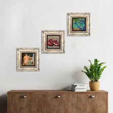 Pinecone Stone Van Gogh İrisler, İki Müzisyen Kız Tablosu, Nar Çerçeveli Taş Duvar Tablosu 3’lü Set - Dekoratif Modern Sanat, Ev ve Ofis Dekoru |TK3-1471|
