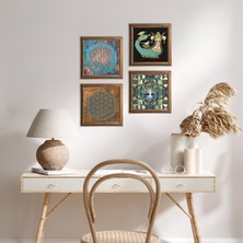Pinecone Stone Hayat Ağacı, Yaşam Çiçeği, Şahmeran Ahşap Çerçeveli Taş Duvar Tablosu 4’lü Set – 25x25 cm Dekoratif Modern Sanat – Ev ve Ofis Dekoru |W4-492|