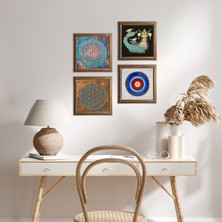 Pinecone Stone Nazar, Yaşam Çiçeği, Şahmeran Ahşap Çerçeveli Taş Duvar Tablosu 4’lü Set – 25x25 cm Dekoratif Modern Sanat – Ev ve Ofis Dekoru |W4-493|