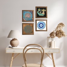 Pinecone Stone Nazar, Yaşam Çiçeği, Şahmeran Ahşap Çerçeveli Taş Duvar Tablosu 4’lü Set – 25x25 cm Dekoratif Modern Sanat – Ev ve Ofis Dekoru |W4-494|