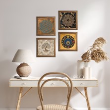 Pinecone Stone Yaşam Çiçeği, Sri Yantra, Nazar, Hayat Ağacı Ahşap Çerçeveli Taş Duvar Tablosu 4’lü Set – 25x25 cm Dekoratif Modern Sanat – Ev ve Ofis Dekoru |W4-540|