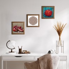 Pinecone Stone Yaşam Çiçeği, Nar Ahşap Çerçeveli Taş Duvar Tablosu 3’lü Set – 25x25 cm Dekoratif Modern Sanat – Ev ve Ofis Dekoru |W3-818|