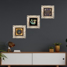 Pinecone Stone Yaşam Çiçeği, Nazar Boncuğu, Şahmeran Çerçeveli Taş Duvar Tablosu 3’lü Set - Dekoratif Modern Sanat, Ev ve Ofis Dekoru |TK3-357|