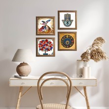 Pinecone Stone Nazar, Semazen, Nar Ağacı, Fatma Ana Eli (Hamsa) Ahşap Çerçeveli Taş Duvar Tablosu 4’lü Set – 25x25 cm Dekoratif Modern Sanat – Ev ve Ofis Dekoru |W4-655|