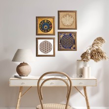 Pinecone Stone Lotus Çiçeği, Yaşam Çiçeği, Nazar Ahşap Çerçeveli Taş Duvar Tablosu 4’lü Set – 25x25 cm Dekoratif Modern Sanat – Ev ve Ofis Dekoru |W4-806|