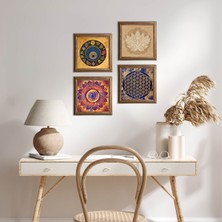 Pinecone Stone Mandala, Lotus Çiçeği, Yaşam Çiçeği, Nazar Ahşap Çerçeveli Taş Duvar Tablosu 4’lü Set – 25x25 cm Dekoratif Modern Sanat – Ev ve Ofis Dekoru |W4-811|