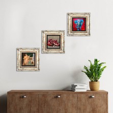 Pinecone Stone Fil, İki Müzisyen Kız Tablosu, Nar Çerçeveli Taş Duvar Tablosu 3’lü Set - Dekoratif Modern Sanat, Ev ve Ofis Dekoru |TK3-1495|