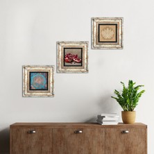 Pinecone Stone Yaşam Çiçeği, Lotus Çiçeği, Nar Çerçeveli Taş Duvar Tablosu 3’lü Set - Dekoratif Modern Sanat, Ev ve Ofis Dekoru |TK3-1644|