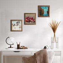 Pinecone Stone Claude Monet Sonbahar, Leonardo da Vinci At Heykeli, Nar Ahşap Çerçeveli Taş Duvar Tablosu 3’lü Set – 25x25 cm Dekoratif Modern Sanat – Ev ve Ofis Dekoru |W3-1337|