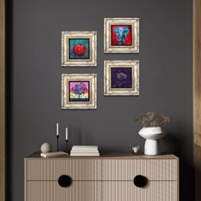 Pinecone Fil, Hayat Ağacı, Nar Taş Duvar Tablosu Çerçeveli Duvar Dekoru 4 Parça Tablo Seti Wall Art T4-1265