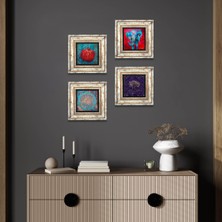 Pinecone Stone Hayat Ağacı, Fil, Yaşam Çiçeği, Nar Çerçeveli Taş Duvar Tablosu 4’lü Set - Dekoratif Modern Sanat, Ev ve Ofis Dekoru |TK4-1280|