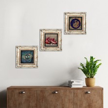 Pinecone Stone Nazar, Tavus Kuşu, Nar Çerçeveli Taş Duvar Tablosu 3’lü Set - Dekoratif Modern Sanat, Ev ve Ofis Dekoru |TK3-1662|