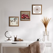 Pinecone Stone Yaşam Çiçeği, Leonardo da Vinci At Heykeli, Nar Ahşap Çerçeveli Taş Duvar Tablosu 3’lü Set – 25x25 cm Dekoratif Modern Sanat – Ev ve Ofis Dekoru |W3-1313|