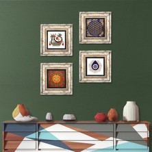 Pinecone Stone Nazar, Yaşam Çiçeği, Sri Yantra, Şahmeran Çerçeveli Taş Duvar Tablosu 4’lü Set - Dekoratif Modern Sanat, Ev ve Ofis Dekoru |TK4-1410|