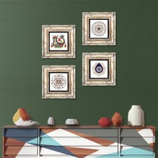 Pinecone Stone Nazar, Yaşam Çiçeği, Sri Yantra, Şahmeran Çerçeveli Taş Duvar Tablosu 4’lü Set - Dekoratif Modern Sanat, Ev ve Ofis Dekoru |TK4-1411|
