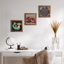 Pinecone Stone Yaşam Çiçeği, Şahmeran, Nar Ahşap Çerçeveli Taş Duvar Tablosu 3’lü Set – 25x25 cm Dekoratif Modern Sanat – Ev ve Ofis Dekoru |W3-993|