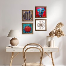 Pinecone Stone Fil, Sri Yantra, Yaşam Çiçeği, Nar Ahşap Çerçeveli Taş Duvar Tablosu 4’lü Set – 25x25 cm Dekoratif Modern Sanat – Ev ve Ofis Dekoru |W4-853|