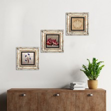 Pinecone Stone Ebru Sanatı, Lotus Çiçeği, Nar Çerçeveli Taş Duvar Tablosu 3’lü Set - Dekoratif Modern Sanat, Ev ve Ofis Dekoru |TK3-1648|