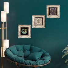Pinecone Stone Yaşam Çiçeği, Şahmeran, Hayat Ağacı Çerçeveli Taş Duvar Tablosu 3’lü Set - Dekoratif Modern Sanat, Ev ve Ofis Dekoru |TK3-167|