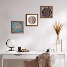 Pinecone Stone Yaşam Çiçeği Ahşap Çerçeveli Taş Duvar Tablosu 3’lü Set – 25x25 cm Dekoratif Modern Sanat – Ev ve Ofis Dekoru |W3-135|