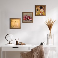 Pinecone Stone Gustav Klimt Öpücük, Leonardo da Vinci Vitruvius Adamı, Nar Ahşap Çerçeveli Taş Duvar Tablosu 3’lü Set – 25x25 cm Dekoratif Modern Sanat – Ev ve Ofis Dekoru |W3-1359|