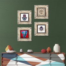 Pinecone Stone Nazar, Fil, Fatma Ana Eli (Hamsa), Hayat Ağacı Çerçeveli Taş Duvar Tablosu 4’lü Set - Dekoratif Modern Sanat, Ev ve Ofis Dekoru |TK4-1441|