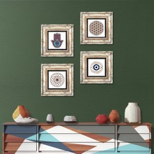 Pinecone Stone Nazar, Yaşam Çiçeği, Fatma Ana Eli (Hamsa) Çerçeveli Taş Duvar Tablosu 4’lü Set - Dekoratif Modern Sanat, Ev ve Ofis Dekoru |TK4-1448|