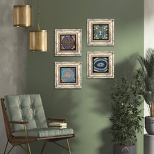 Pinecone Stone Hayat Ağacı, Nazar, Yaşam Çiçeği Çerçeveli Taş Duvar Tablosu 4’lü Set - Dekoratif Modern Sanat, Ev ve Ofis Dekoru |TK4-145|