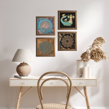 Pinecone Stone Sri Yantra, Yaşam Çiçeği, Şahmeran Ahşap Çerçeveli Taş Duvar Tablosu 4’lü Set – 25x25 cm Dekoratif Modern Sanat – Ev ve Ofis Dekoru |W4-478|