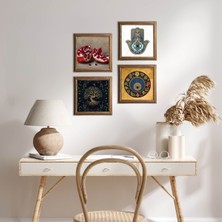 Pinecone Stone Hayat Ağacı, Nazar, Nar, Fatma Ana Eli (Hamsa) Ahşap Çerçeveli Taş Duvar Tablosu 4’lü Set – 25x25 cm Dekoratif Modern Sanat – Ev ve Ofis Dekoru |W4-657|