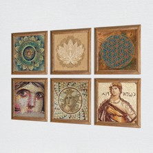 Pinecone Çingene Kızı, Soteria Mozaiği, Lotus, Yaşam Çiçeği, Mandala Taş Duvar Tablosu Ahşap Çerçeveli Duvar Dekoru 6 Parça Tablo Seti Wall Art W6-54