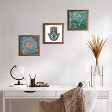 Pinecone Stone Yaşam Çiçeği, Van Gogh Badem Ağacı, Fatma Ana Eli (Hamsa) Ahşap Çerçeveli Taş Duvar Tablosu 3’lü Set – 25x25 cm Dekoratif Modern Sanat – Ev ve Ofis Dekoru |W3-321|