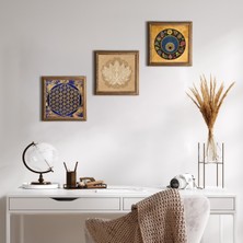 Pinecone Stone Lotus Çiçeği, Yaşam Çiçeği, Nazar Ahşap Çerçeveli Taş Duvar Tablosu 3’lü Set – 25x25 cm Dekoratif Modern Sanat – Ev ve Ofis Dekoru |W3-368|