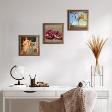 Pinecone Stone Salvador Dalí, İki Müzisyen Kız, Nar Ahşap Çerçeveli Taş Duvar Tablosu 3’lü Set – 25x25 cm Dekoratif Modern Sanat – Ev ve Ofis Dekoru |W3-1519|