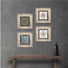 Pinecone Stone Mandala, Yaşam Çiçeği, Sri Yantra Çerçeveli Taş Duvar Tablosu 4’lü Set - Dekoratif Modern Sanat, Ev ve Ofis Dekoru |TK4-713|