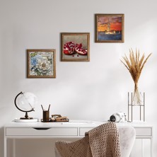 Pinecone Stone İstanbul Kız Kulesi, Kelebekli Çiçek, Nar Ahşap Çerçeveli Taş Duvar Tablosu 3’lü Set – 25x25 cm Dekoratif Modern Sanat – Ev ve Ofis Dekoru |W3-1143|