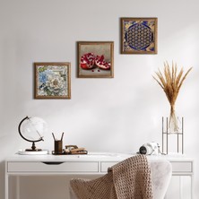 Pinecone Stone Yaşam Çiçeği, Kelebekli Çiçek, Nar Ahşap Çerçeveli Taş Duvar Tablosu 3’lü Set – 25x25 cm Dekoratif Modern Sanat – Ev ve Ofis Dekoru |W3-1160|