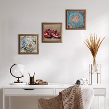 Pinecone Stone Yaşam Çiçeği, Kelebekli Çiçek, Nar Ahşap Çerçeveli Taş Duvar Tablosu 3’lü Set – 25x25 cm Dekoratif Modern Sanat – Ev ve Ofis Dekoru |W3-1172|