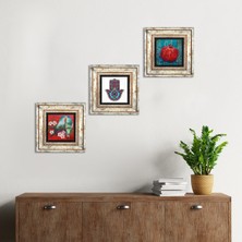 Pinecone Stone Kuş, Fatma Ana Eli (Hamsa), Nar Çerçeveli Taş Duvar Tablosu 3’lü Set - Dekoratif Modern Sanat, Ev ve Ofis Dekoru |TK3-183|