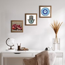 Pinecone Nazar, Nar, Fatma Ana Eli (Hamsa) Taş Duvar Tablosu Ahşap Çerçeveli Duvar Dekoru 3 Parça Tablo Seti Wall Art W3-762