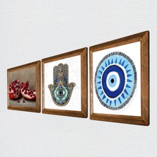 Pinecone Nazar, Nar, Fatma Ana Eli (Hamsa) Taş Duvar Tablosu Ahşap Çerçeveli Duvar Dekoru 3 Parça Tablo Seti Wall Art W3-762