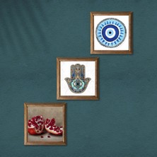 Pinecone Nazar, Nar, Fatma Ana Eli (Hamsa) Taş Duvar Tablosu Ahşap Çerçeveli Duvar Dekoru 3 Parça Tablo Seti Wall Art W3-762
