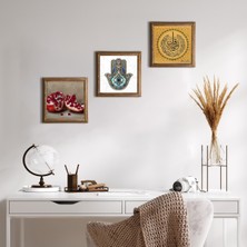 Pinecone Stone Nas Suresi, Nar, Fatma Ana Eli (Hamsa) Ahşap Çerçeveli Taş Duvar Tablosu 3’lü Set – 25x25 cm Dekoratif Modern Sanat – Ev ve Ofis Dekoru |W3-767|