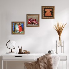 Pinecone Stone Hırka-i Şerif, Kaplumbağa Terbiyecisi, Nar Ahşap Çerçeveli Taş Duvar Tablosu 3’lü Set – 25x25 cm Dekoratif Modern Sanat – Ev ve Ofis Dekoru |W3-1557|