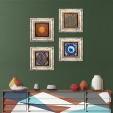 Pinecone Stone Nazar, Yaşam Çiçeği, Sri Yantra Çerçeveli Taş Duvar Tablosu 4’lü Set - Dekoratif Modern Sanat, Ev ve Ofis Dekoru |TK4-1594|