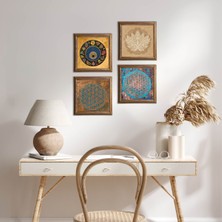 Pinecone Stone Yaşam Çiçeği, Lotus Çiçeği, Nazar Ahşap Çerçeveli Taş Duvar Tablosu 4’lü Set – 25x25 cm Dekoratif Modern Sanat – Ev ve Ofis Dekoru |W4-823|