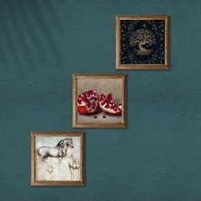 Pinecone Hayat Ağacı, Leonardo da Vinci At Heykeli, Nar Taş Duvar Tablosu Ahşap Çerçeveli Duvar Dekoru 3 Parça Tablo Seti Wall Art W3-1309