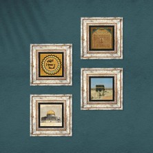 Pinecone Kabe-i Muazzama, Mescid-i Aksa, Esma'ül Hüsna, Mührü Şerif Taş Duvar Tablosu Çerçeveli Duvar Dekoru 4 Parça Tablo Seti Wall Art T4-1110